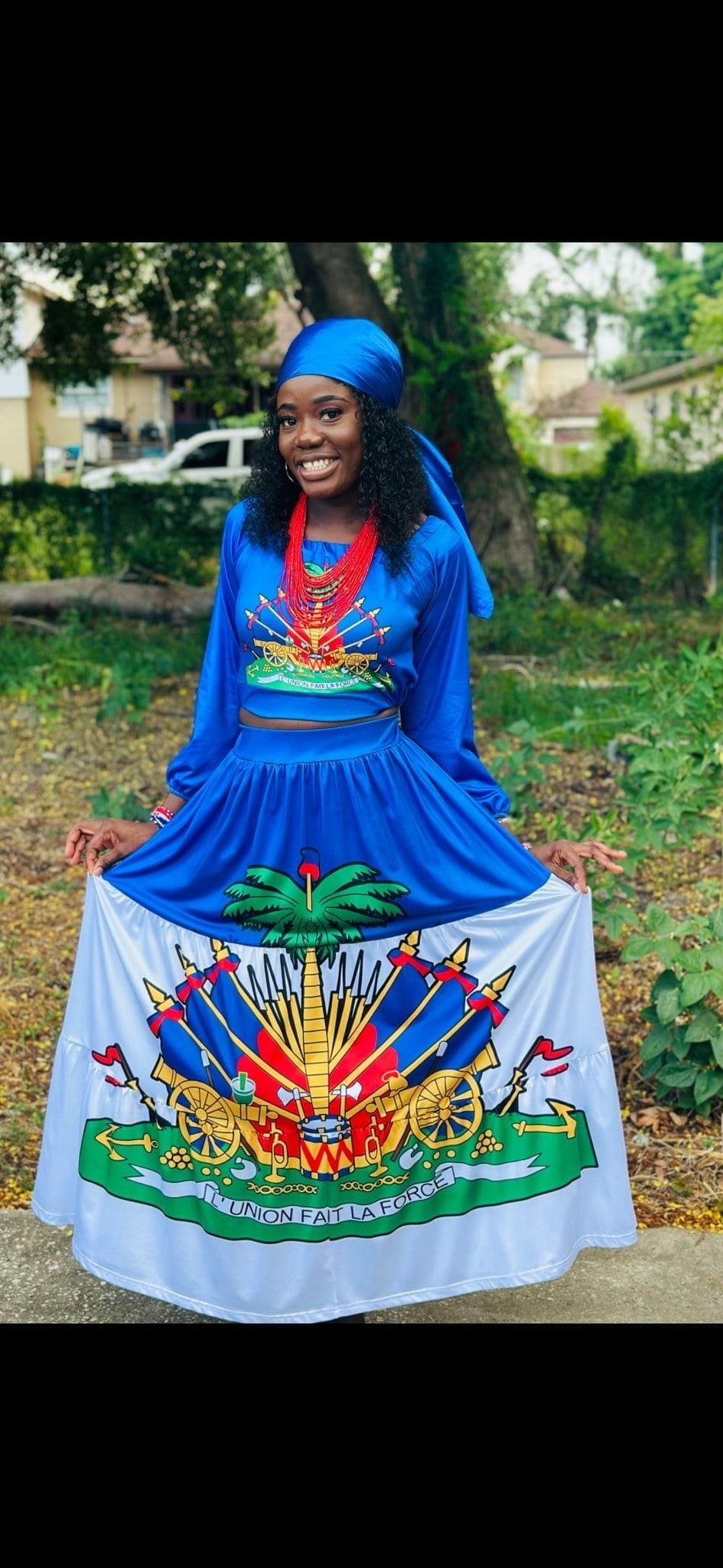 Women’s 2-Piece Haitian Inspired Maxi Skirt Set – Long Sleeve Off-Shoulder Crop Top & Printed Maxi Skirt, Cultural Party Outfit, Fashion Matching Set