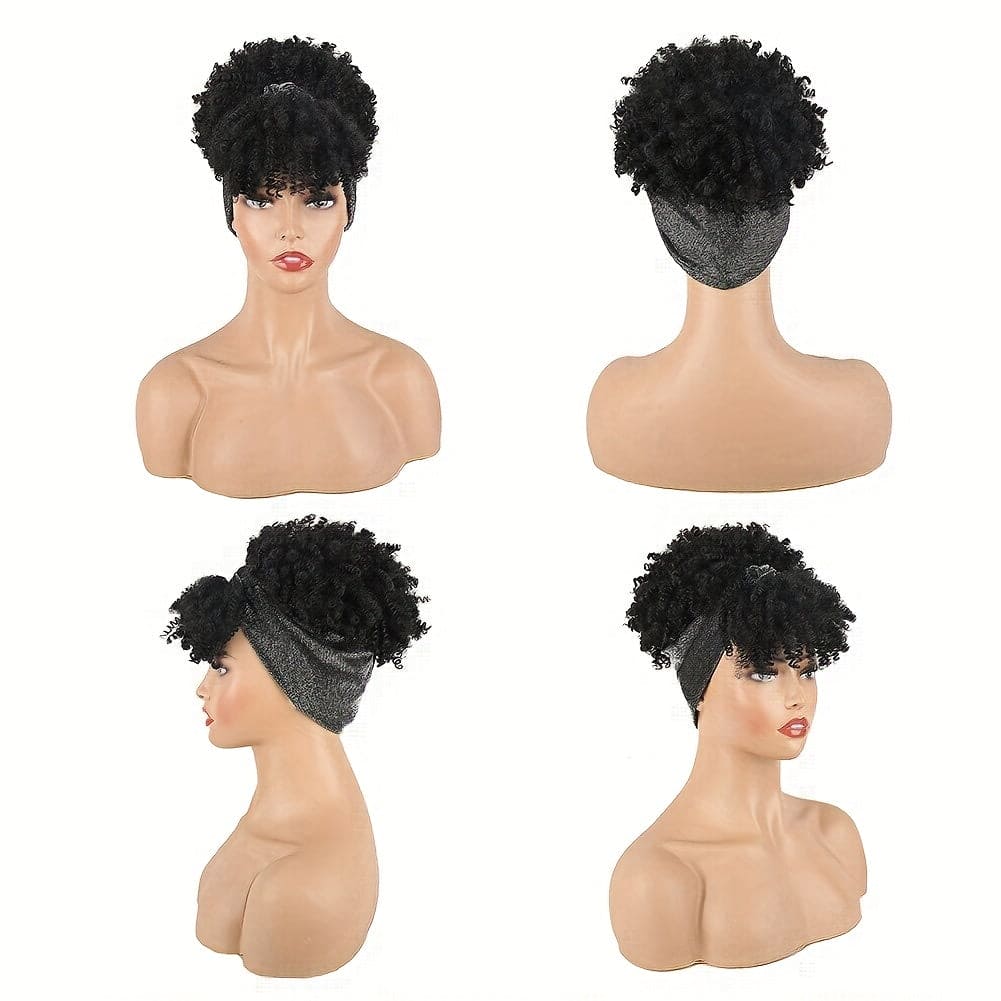 Headband Wig With Bangs Head Wrap Wigs 2 In 1 Afro Wigs, Short Kinky Curly Wigs For Women Head Wrap Wigs Afro High Puff With Bangs Wigs, Synthetic Black/burgundy/dark Brown Wig Music Festival