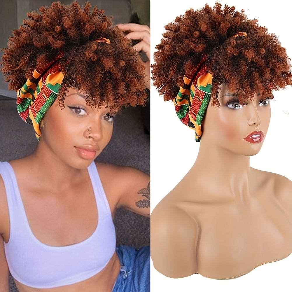 [Short Afro Curly Wig Headband] Black Headband Wig With Bangs For Women Afro Curly Wig With Headband Attached Synthetic Short Kinky Curly Hair Wigs Afro Kinky Black Wig