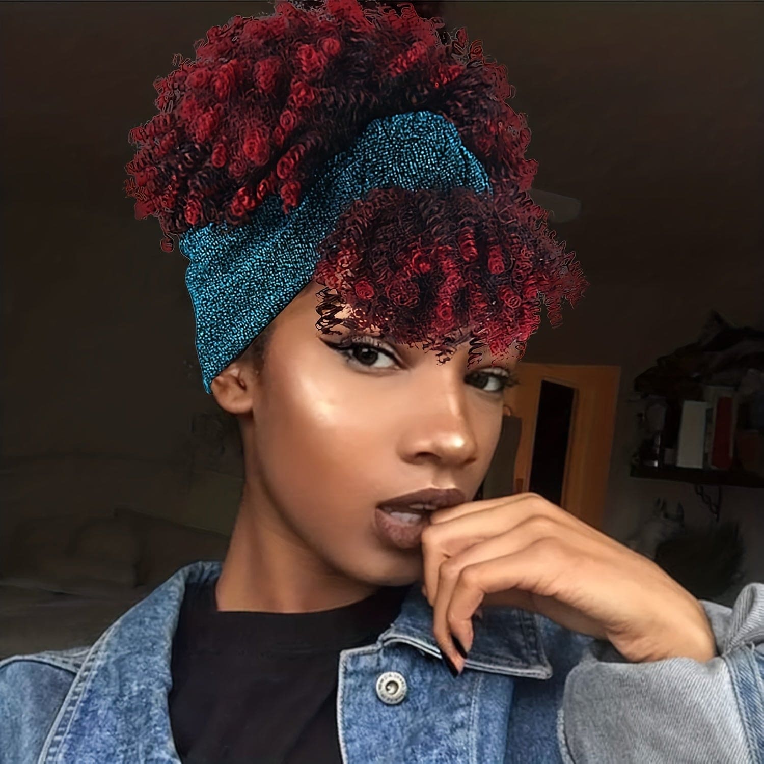 Headband Wig With Bangs Head Wrap Wigs 2 In 1 Afro Wigs, Short Kinky Curly Wigs For Women Head Wrap Wigs Afro High Puff With Bangs Wigs, Synthetic Black/burgundy/dark Brown Wig Music Festival
