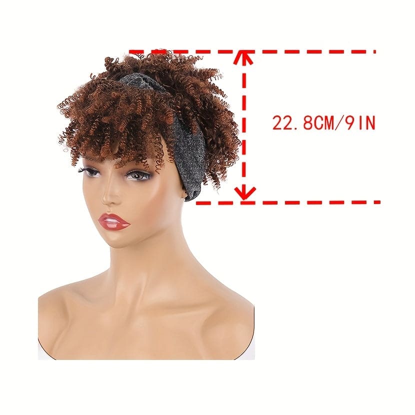 Headband Wig With Bangs Head Wrap Wigs 2 In 1 Afro Wigs, Short Kinky Curly Wigs For Women Head Wrap Wigs Afro High Puff With Bangs Wigs, Synthetic Black/burgundy/dark Brown Wig Music Festival