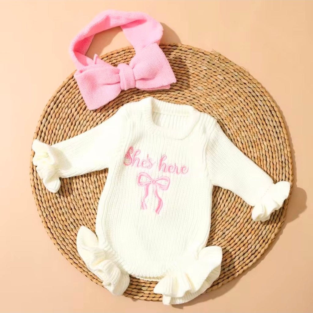Title: 2-Piece Knit Romper & Bow Headband Outfit Set | Soft Long Sleeve Ruffle Jumpsuit