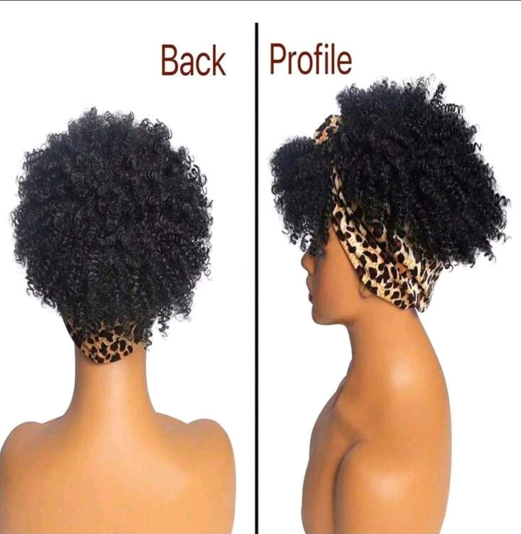 Black Afro Kinky Curly Headband Wig for Women – Synthetic Short Curly Wig with Attached Leopard Headband & Bangs