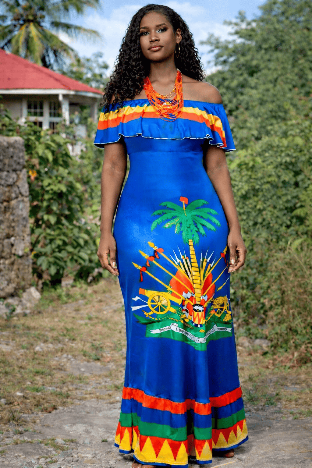 Women Off Shoulder Polynesian Haitian Flag Print Maxi Dress Summer Party Casual Two Pieces Sundress Dresses