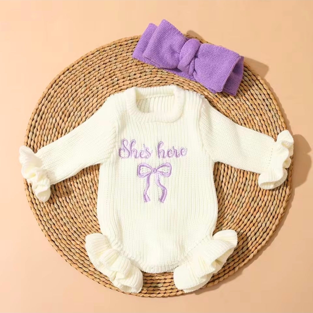 Title: 2-Piece Knit Romper & Bow Headband Outfit Set | Soft Long Sleeve Ruffle Jumpsuit
