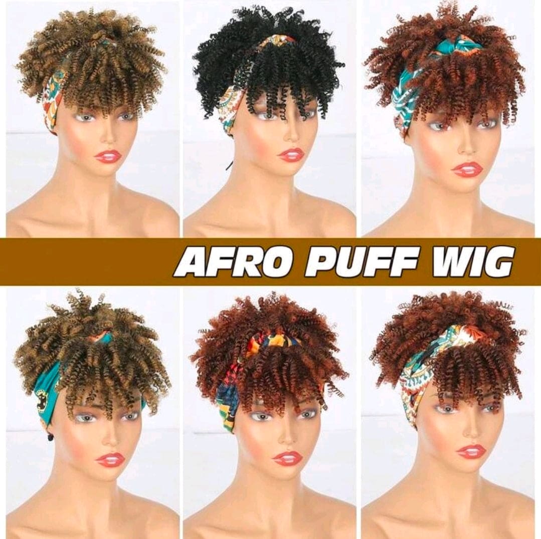 Curly Wigs For  Women, Headband Wigs With Bangs, Synthetic Short Afro Kinky Curly Wig With Headband Attached, Drawstring High Afro Puff Black and  Brown Curly Wig Turban