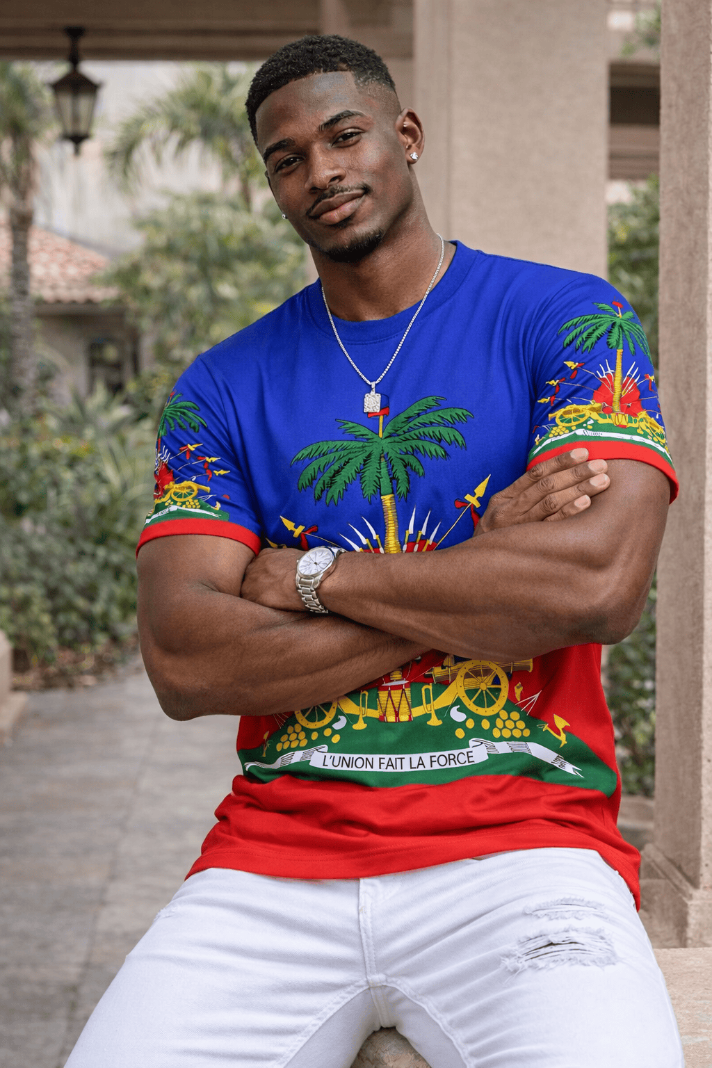 Men’s Haitian Flag T-Shirt – Palm Tree Graphic Short Sleeve Casual Tee (Regular Fit)
