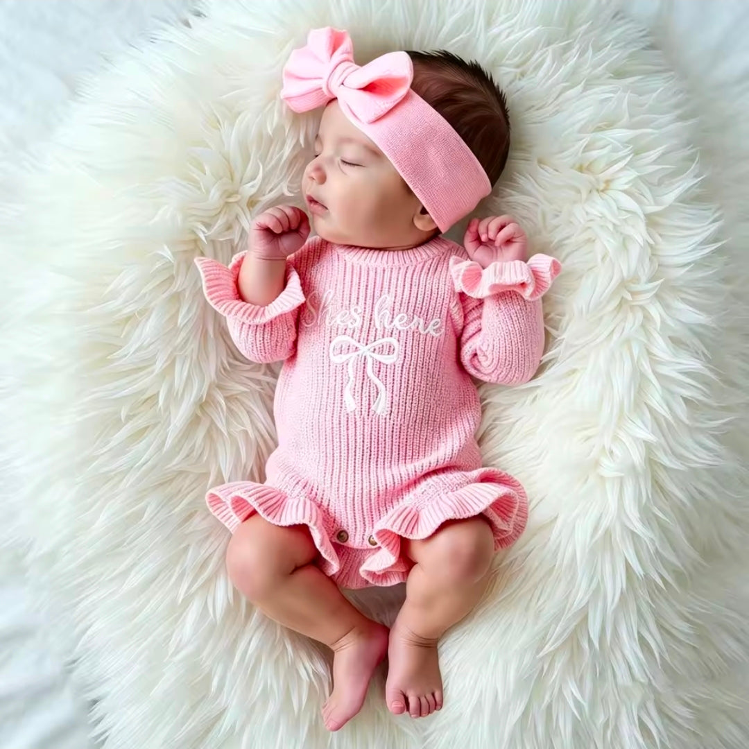 2-Piece Newborn Baby Girl Knitted Romper & Bow Headband Set | Soft Long Sleeve Photo Outfit