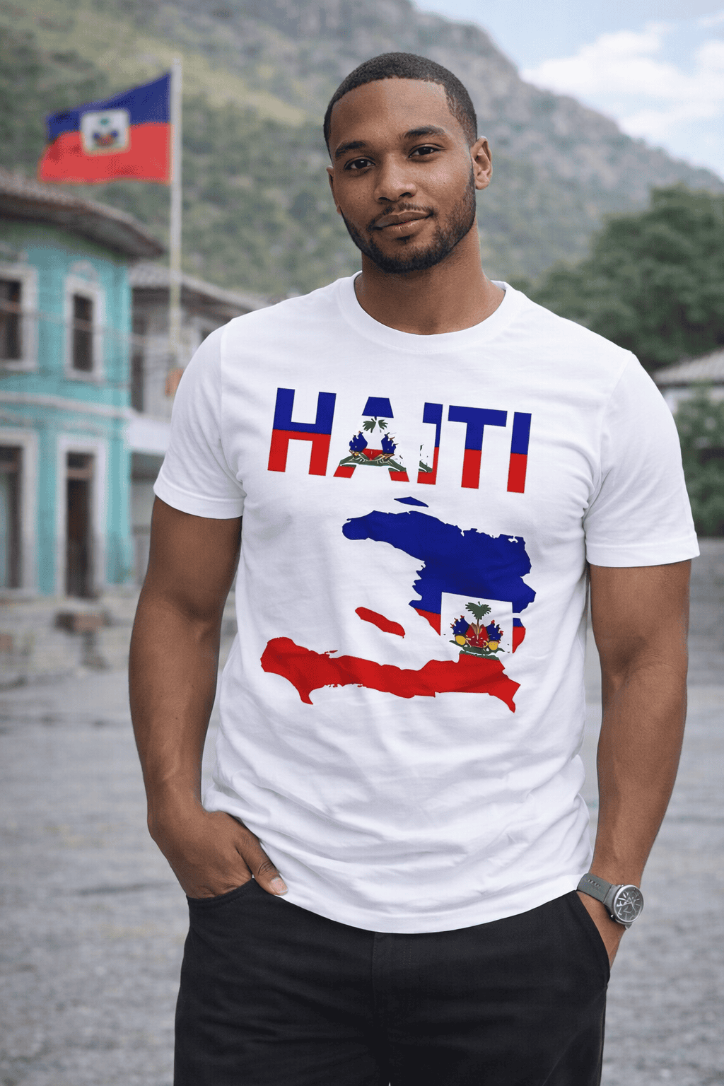 Haiti Map Graphic T-Shirt 
White t-shirt featuring a vibrant Haiti map graphic in blue and red.