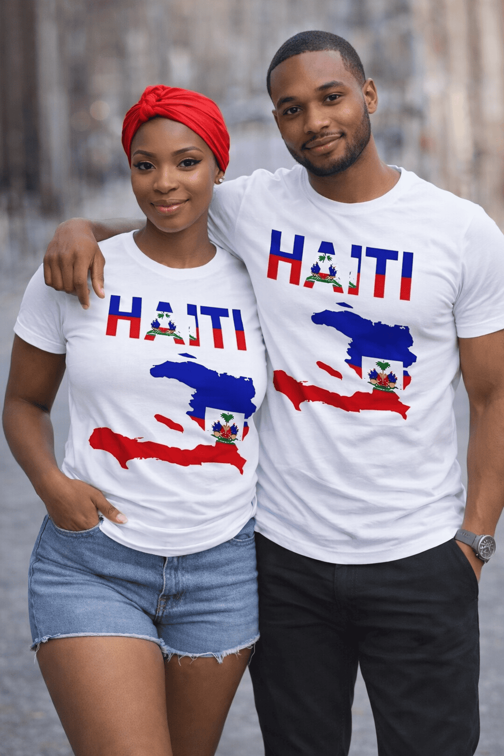 Haiti Map Graphic T-Shirt 
White t-shirt featuring a vibrant Haiti map graphic in blue and red.