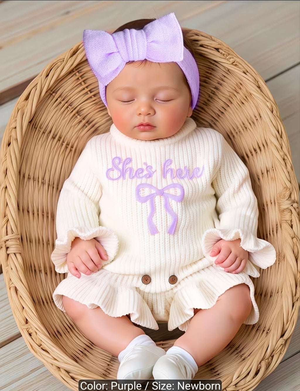 2-Piece Newborn Baby Girl Knitted Romper & Bow Headband Set | Soft Long Sleeve Photo Outfit