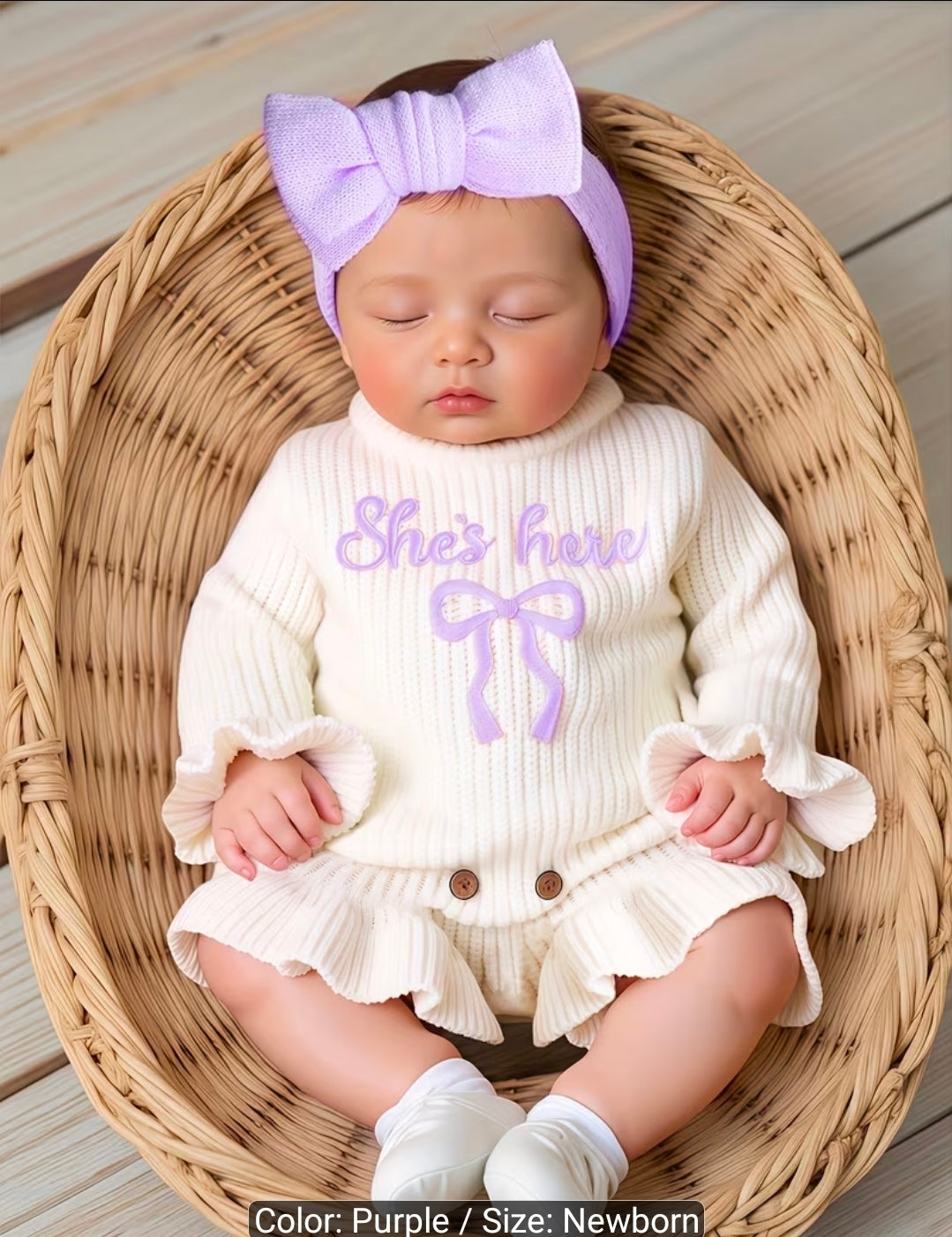 2-Piece Newborn Baby Girl Knitted Romper & Bow Headband Set | Soft Long Sleeve Photo Outfit