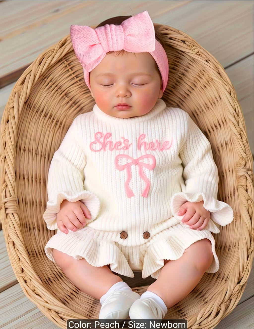 2-Piece Newborn Baby Girl Knitted Romper & Bow Headband Set | Soft Long Sleeve Photo Outfit