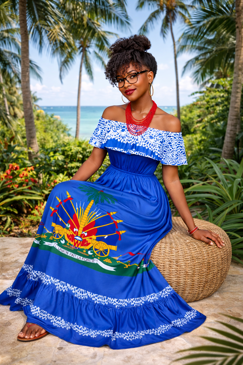 Women’s Haitian Flag Inspired Off-Shoulder Maxi Dress – Cultural Elegant Long Dress
