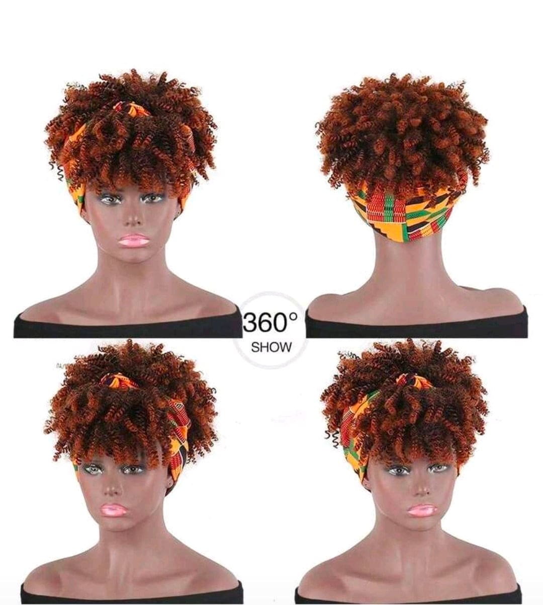 Curly Wigs For  Women, Headband Wigs With Bangs, Synthetic Short Afro Kinky Curly Wig With Headband Attached, Drawstring High Afro Puff Black and  Brown Curly Wig Turban