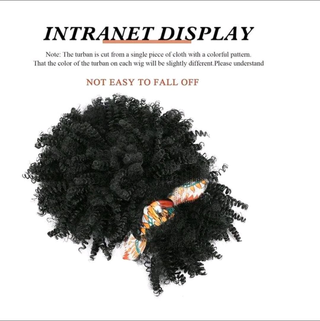 Curly Wigs For  Women, Headband Wigs With Bangs, Synthetic Short Afro Kinky Curly Wig With Headband Attached, Drawstring High Afro Puff Black and  Brown Curly Wig Turban