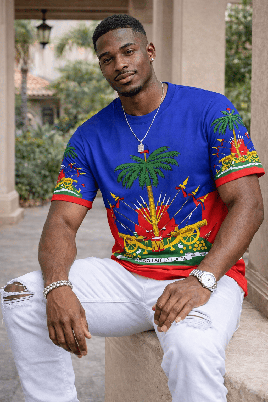 Men’s Haitian Flag T-Shirt – Palm Tree Graphic Short Sleeve Casual Tee (Regular Fit)