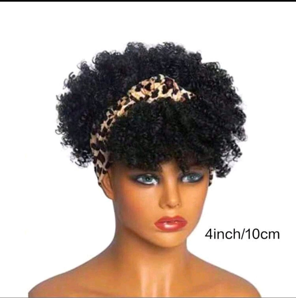 Black Afro Kinky Curly Headband Wig for Women – Synthetic Short Curly Wig with Attached Leopard Headband & Bangs