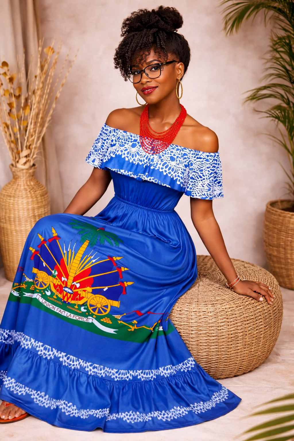 Women’s Haitian Flag Inspired Off-Shoulder Maxi Dress – Cultural Elegant Long Dress