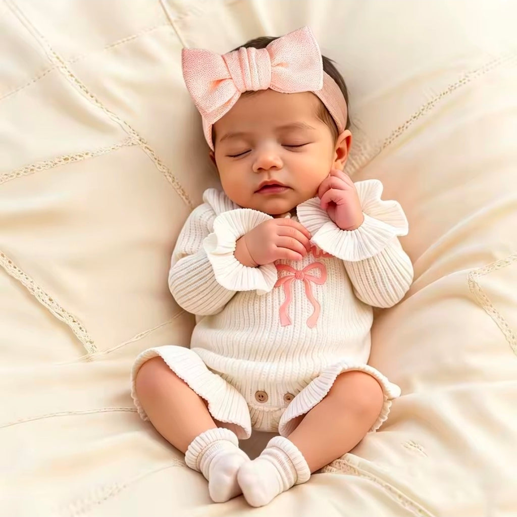 2-Piece Newborn Baby Girl Knitted Romper & Bow Headband Set | Soft Long Sleeve Photo Outfit