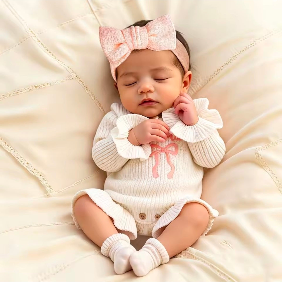 2-Piece Newborn Baby Girl Knitted Romper & Bow Headband Set | Soft Long Sleeve Photo Outfit