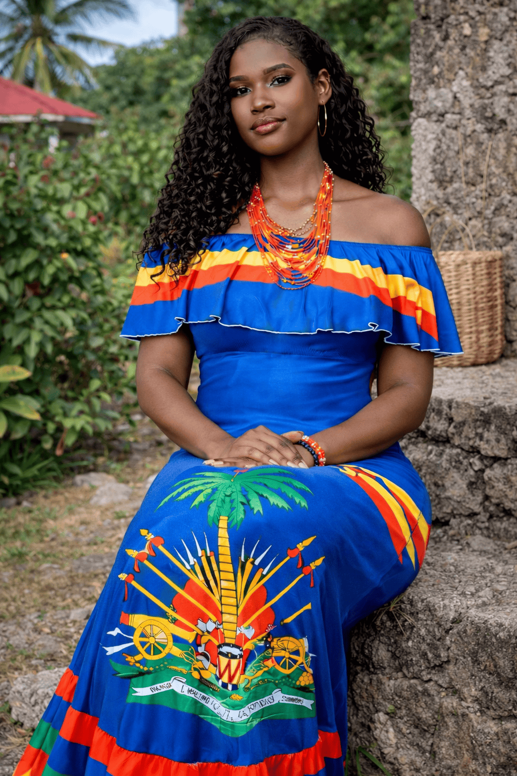 Women Off Shoulder Polynesian Haitian Flag Print Maxi Dress Summer Party Casual Two Pieces Sundress Dresses