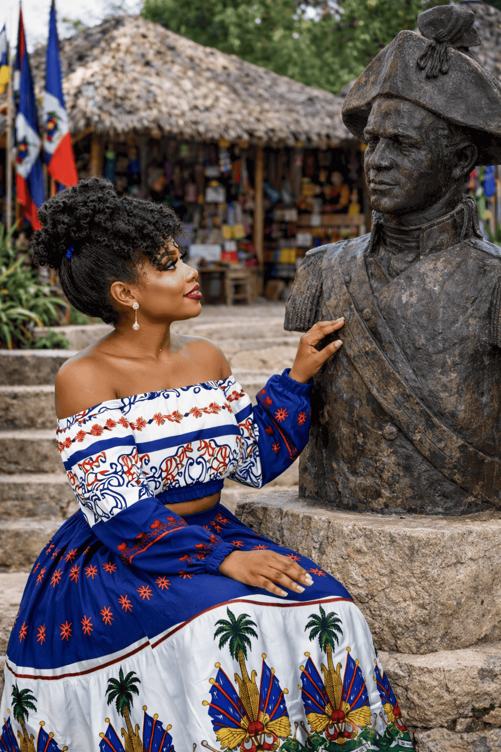Women Two Piece Off shoulder Long Flared Sleeves Solid Tops and All over Print bottoms skirt Sets.