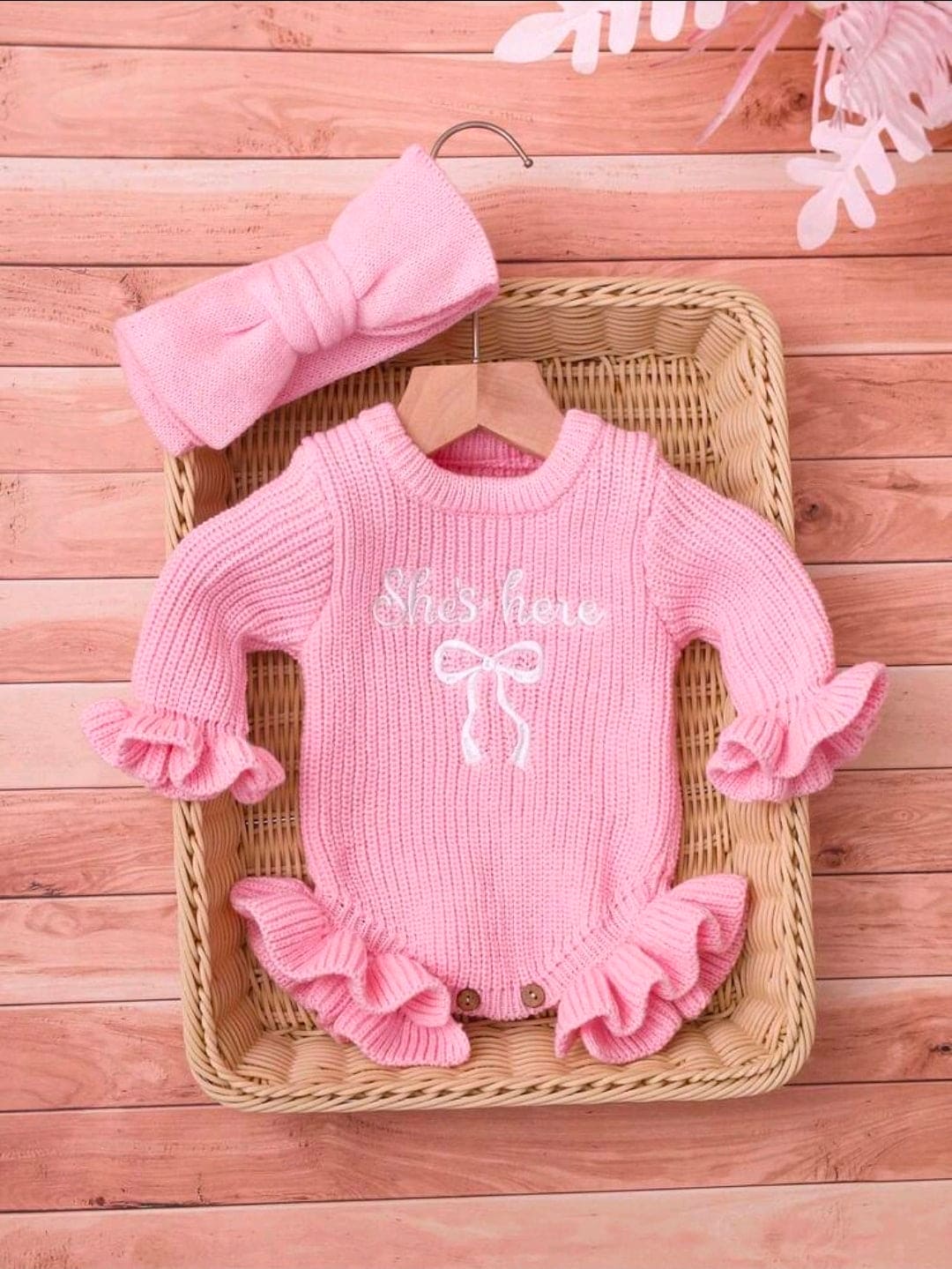 2-Piece Newborn Baby Girl Knitted Romper & Bow Headband Set | Soft Long Sleeve Photo Outfit