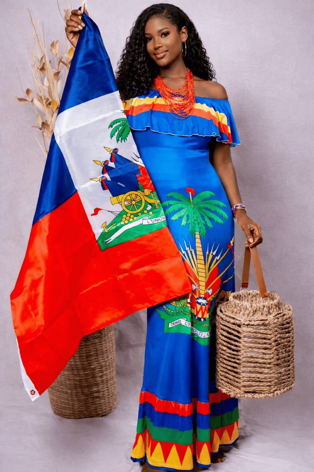 Women Off Shoulder Polynesian Haitian Flag Print Maxi Dress Summer Party Casual Two Pieces Sundress Dresses