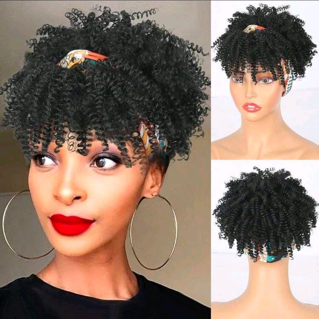 Curly Wigs For  Women, Headband Wigs With Bangs, Synthetic Short Afro Kinky Curly Wig With Headband Attached, Drawstring High Afro Puff Black and  Brown Curly Wig Turban