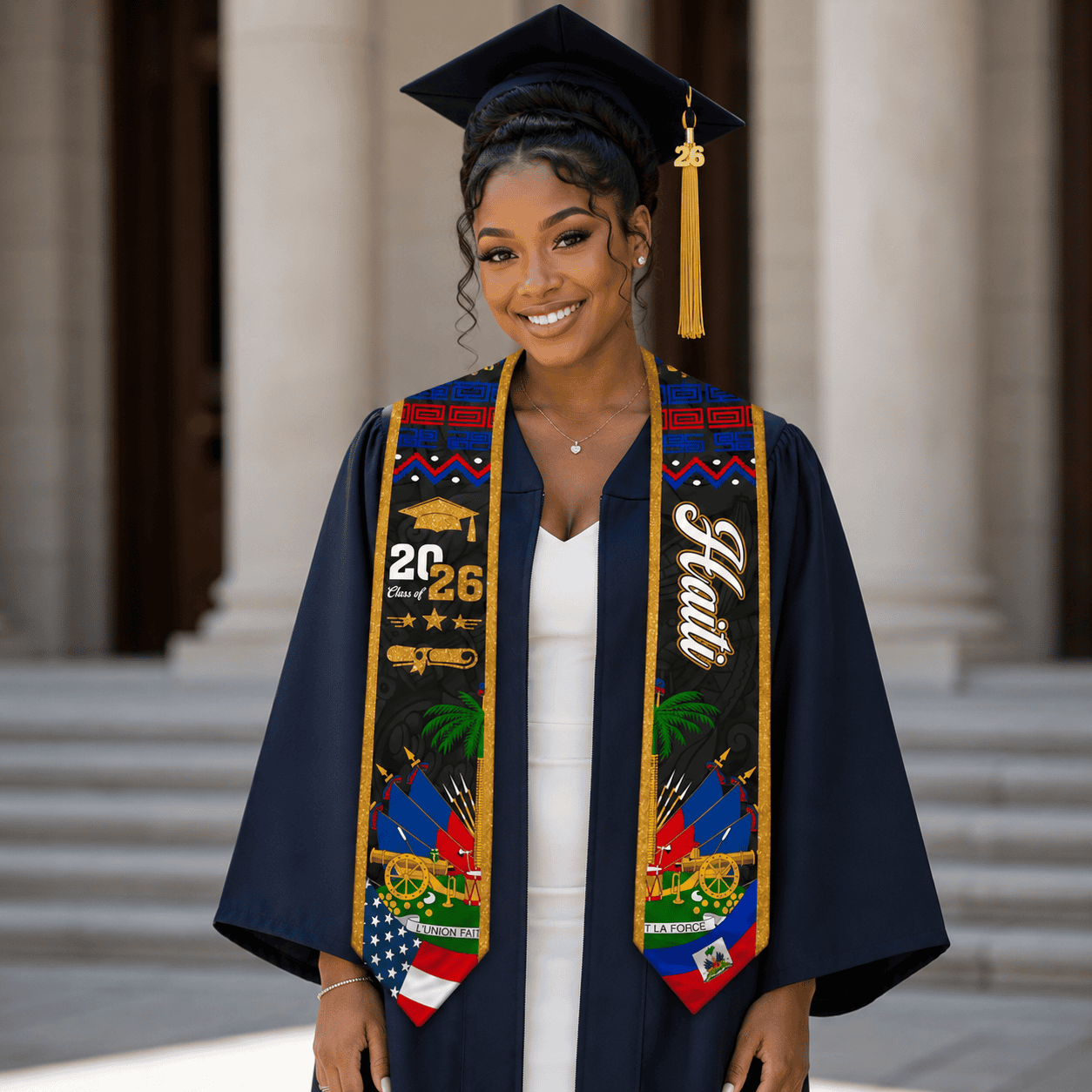 🎓🇭🇹 Celebrate your success with style and culture! This beautiful Haitian Graduation Stole is designed to honor your hard work and heritage. Featuring vibrant Haitian-inspired artwork, gold glitter trim, “Class of 2026” details, and premium-quality fab