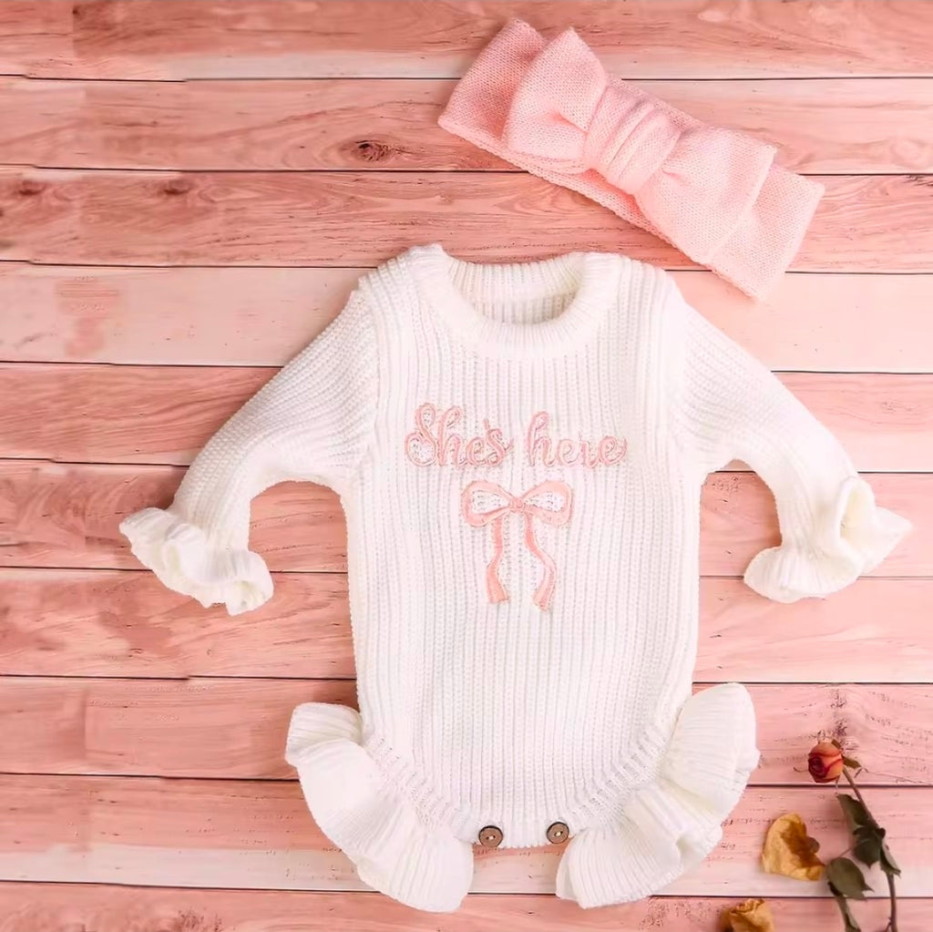 Title: 2-Piece Knit Romper & Bow Headband Outfit Set | Soft Long Sleeve Ruffle Jumpsuit