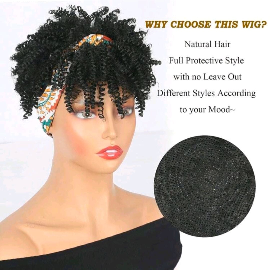 Curly Wigs For  Women, Headband Wigs With Bangs, Synthetic Short Afro Kinky Curly Wig With Headband Attached, Drawstring High Afro Puff Black and  Brown Curly Wig Turban