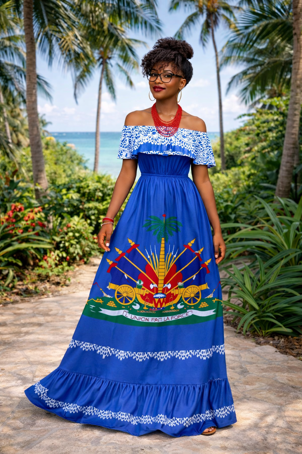 Women’s Haitian Flag Inspired Off-Shoulder Maxi Dress – Cultural Elegant Long Dress