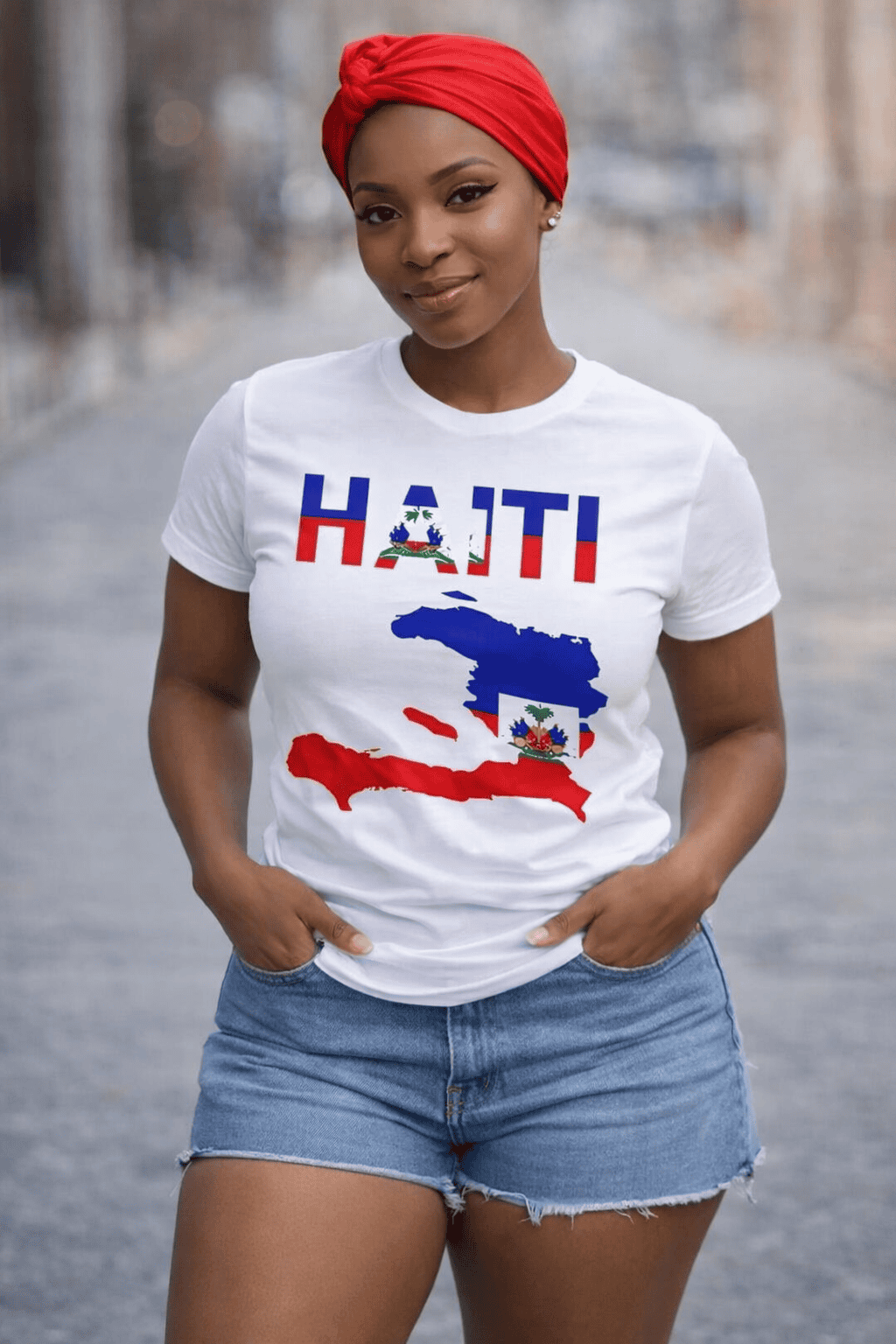 Haiti Map Graphic T-Shirt 
White t-shirt featuring a vibrant Haiti map graphic in blue and red.