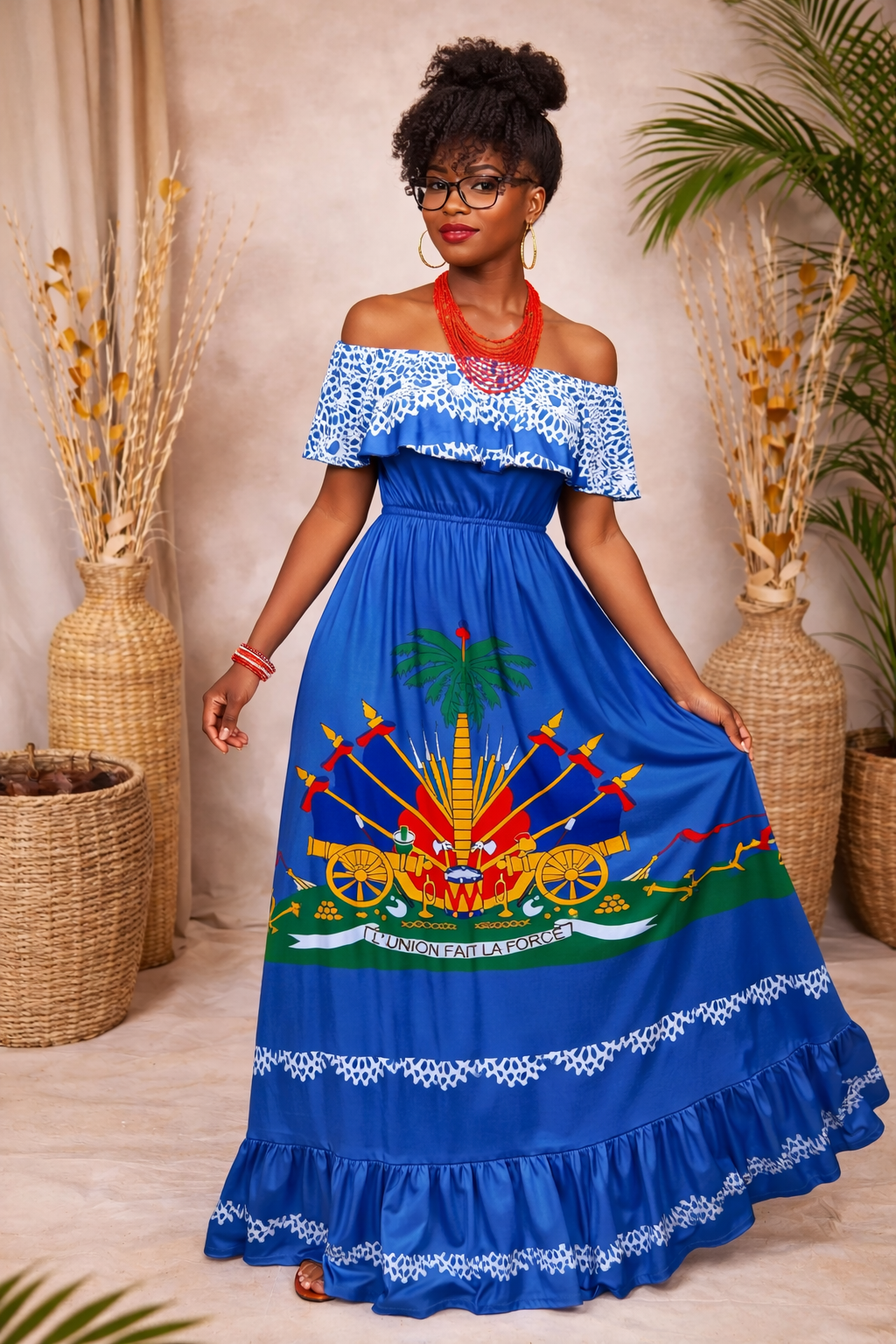 Women’s Haitian Flag Inspired Off-Shoulder Maxi Dress – Cultural Elegant Long Dress