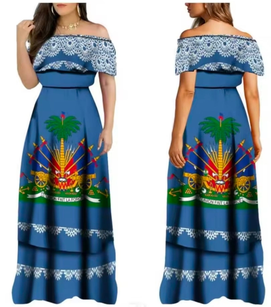 Women’s Haitian Flag Inspired Off-Shoulder Maxi Dress – Cultural Elegant Long Dress