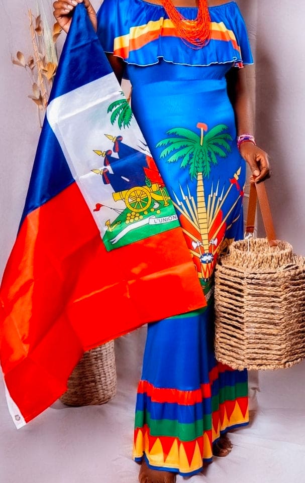 Women Off Shoulder Polynesian Haitian Flag Print Maxi Dress Summer Party Casual Two Pieces Sundress Dresses