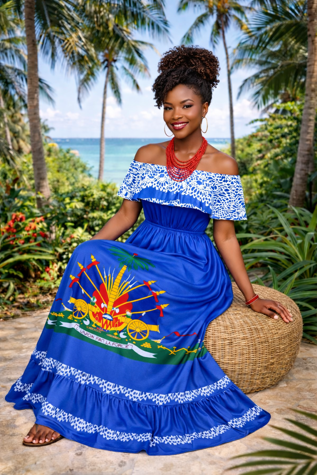 Women’s Haitian Flag Inspired Off-Shoulder Maxi Dress – Cultural Elegant Long Dress