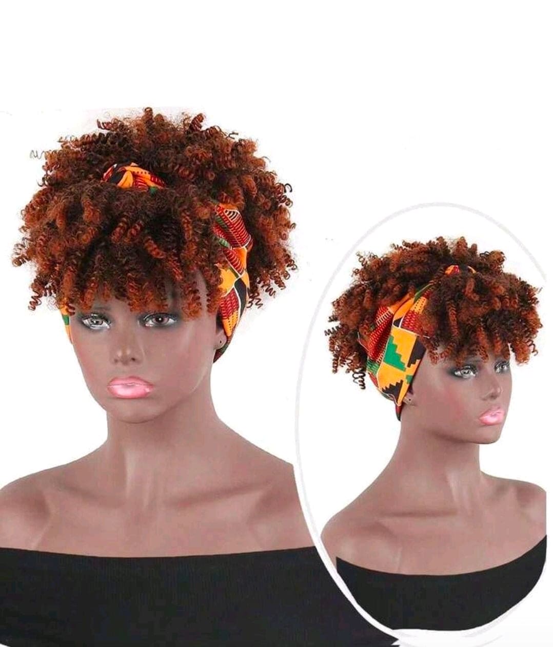 Curly Wigs For  Women, Headband Wigs With Bangs, Synthetic Short Afro Kinky Curly Wig With Headband Attached, Drawstring High Afro Puff Black and  Brown Curly Wig Turban