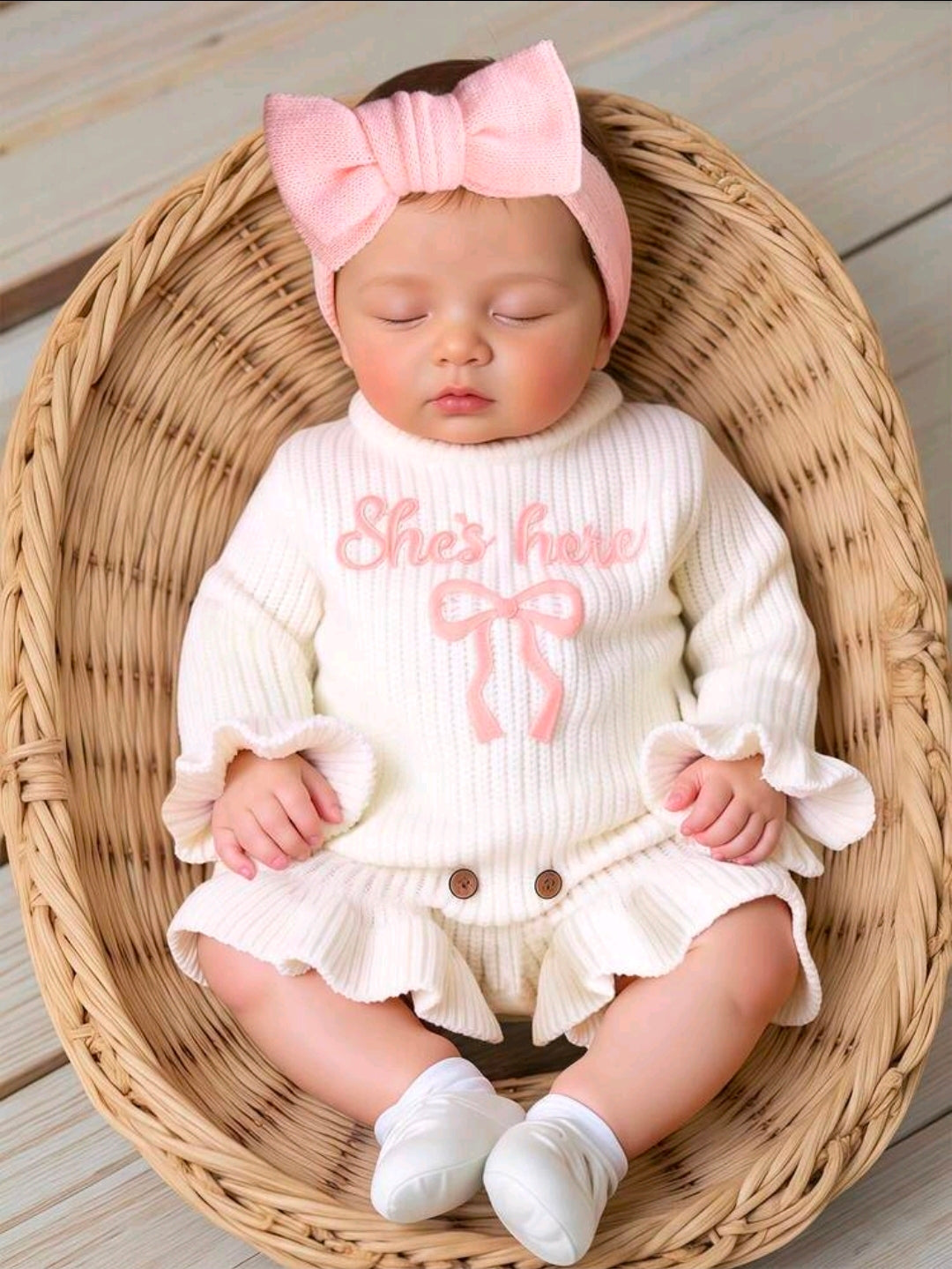 2-Piece Newborn Baby Girl Knitted Romper & Bow Headband Set | Soft Long Sleeve Photo Outfit