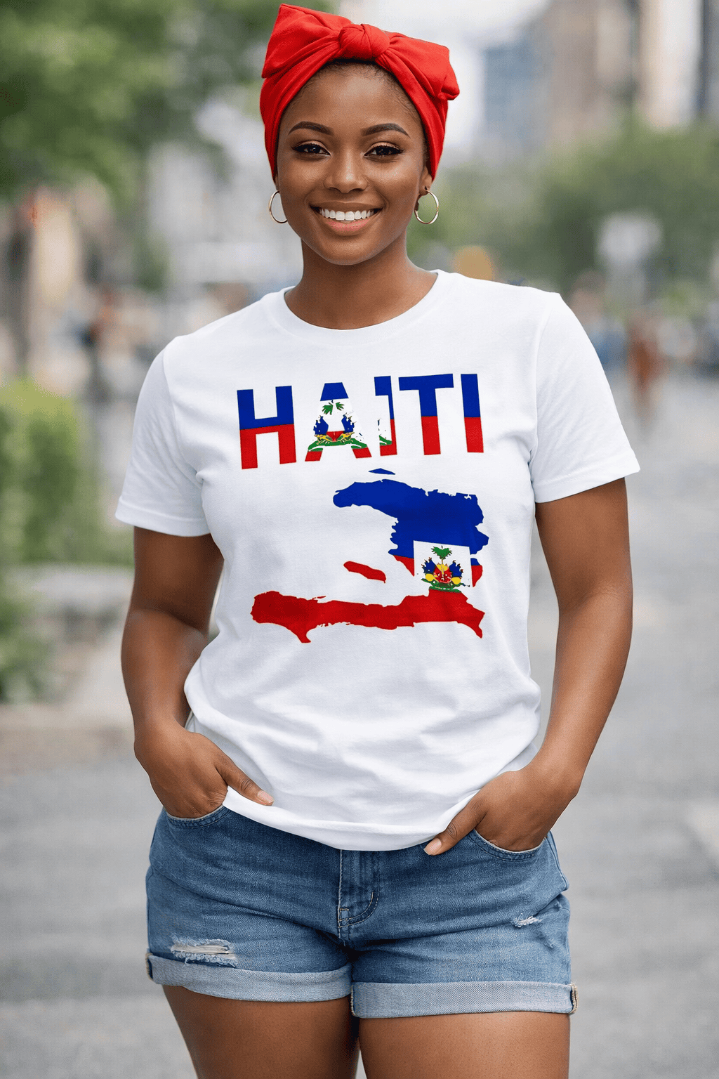 Haiti Map Graphic T-Shirt 
White t-shirt featuring a vibrant Haiti map graphic in blue and red.