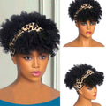 Black Afro Kinky Curly Headband Wig for Women – Synthetic Short Curly Wig with Attached Leopard Headband & Bangs