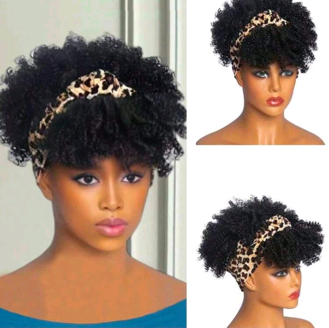 Black Afro Kinky Curly Headband Wig for Women – Synthetic Short Curly Wig with Attached Leopard Headband & Bangs