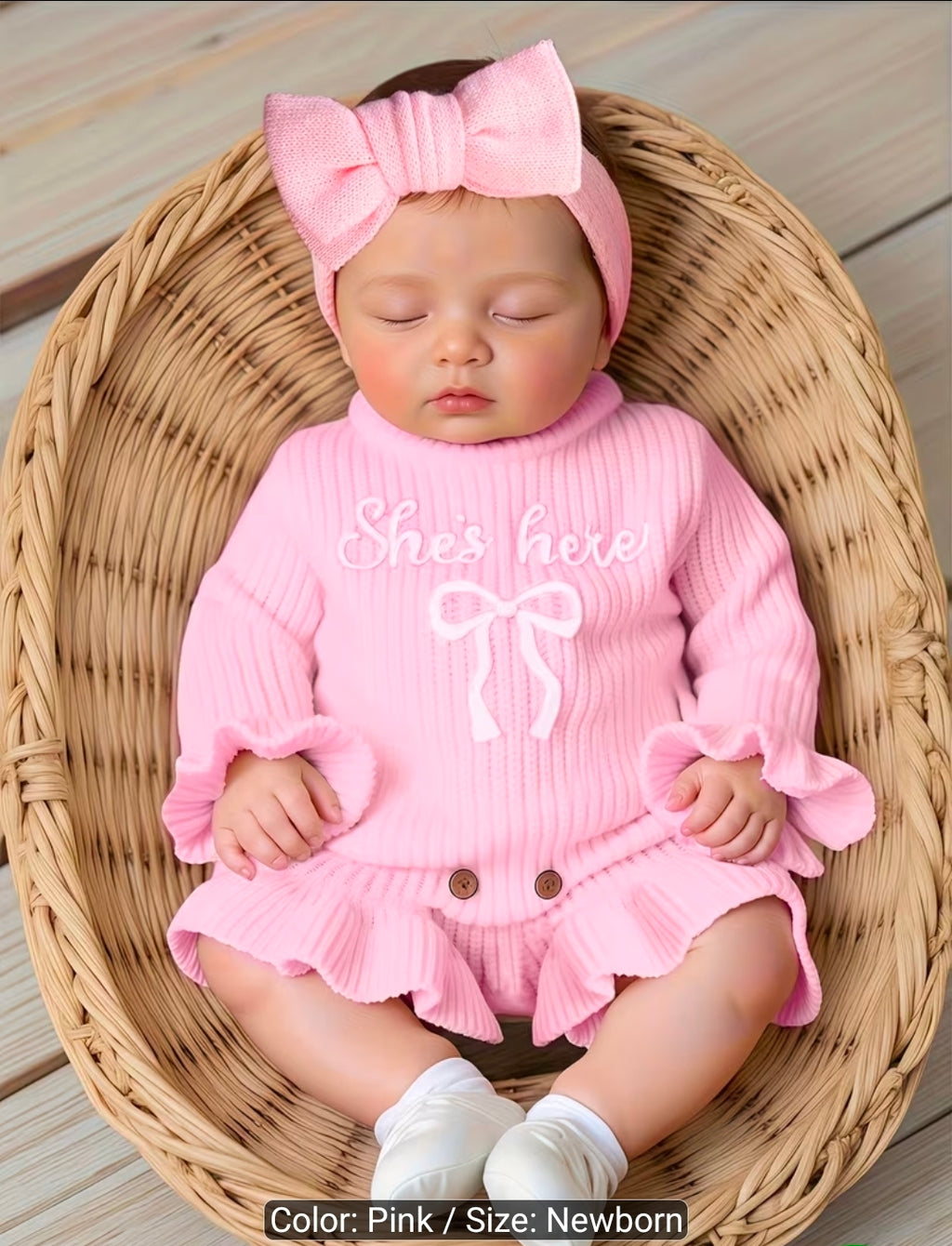 2-Piece Newborn Baby Girl Knitted Romper & Bow Headband Set | Soft Long Sleeve Photo Outfit