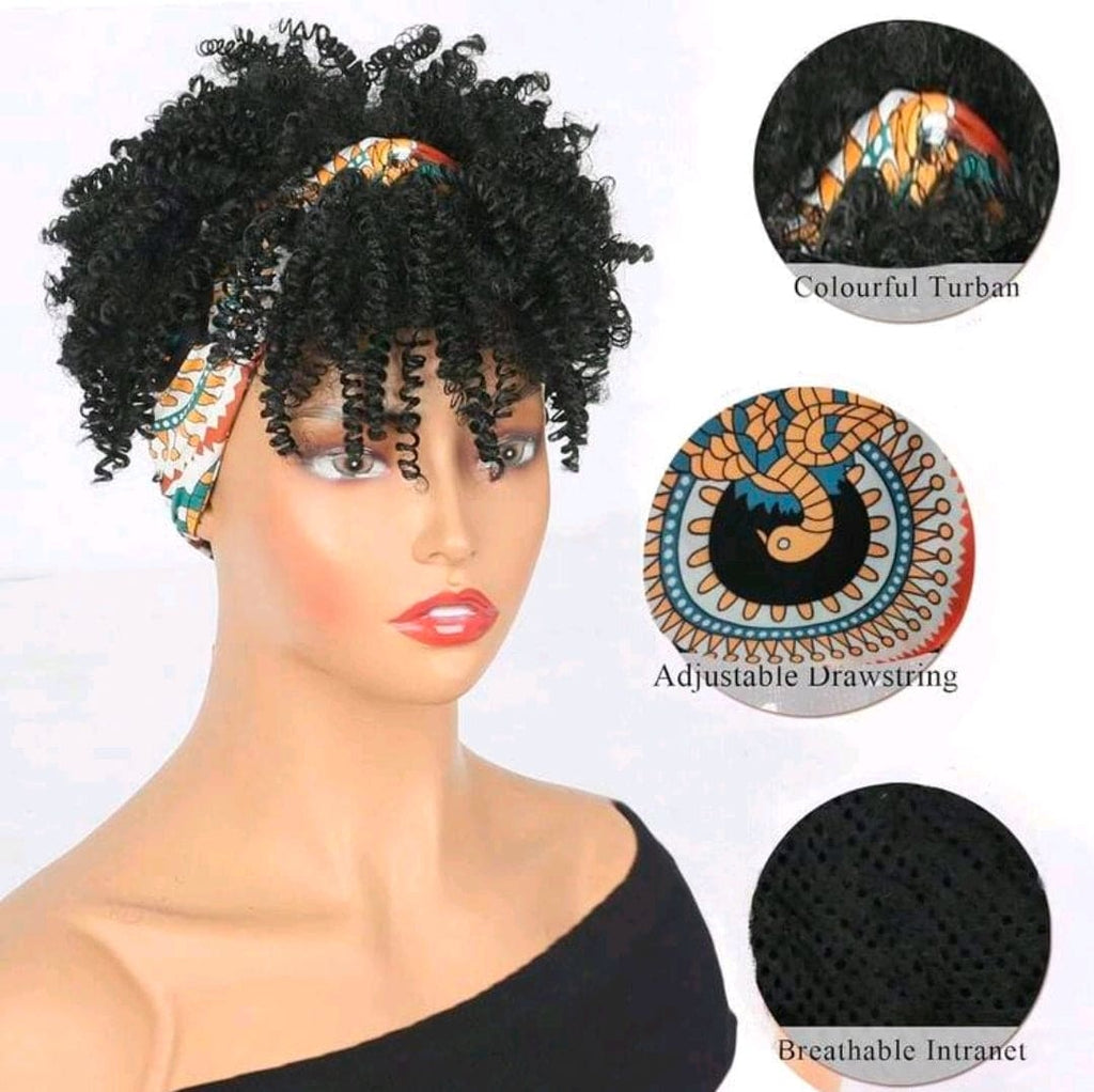 Curly Wigs For  Women, Headband Wigs With Bangs, Synthetic Short Afro Kinky Curly Wig With Headband Attached, Drawstring High Afro Puff Black and  Brown Curly Wig Turban