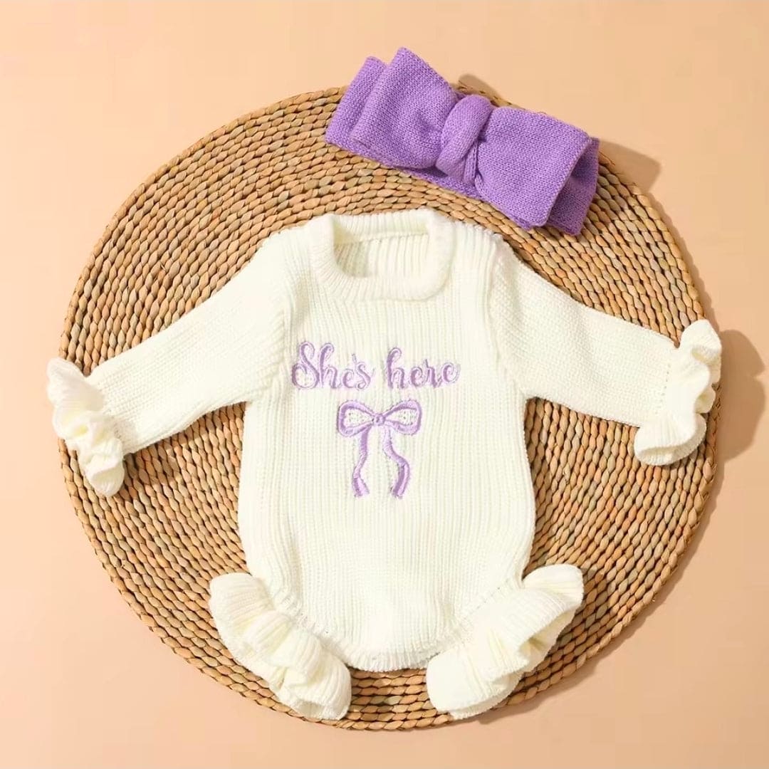 2-Piece Newborn Baby Girl Knitted Romper & Bow Headband Set | Soft Long Sleeve Photo Outfit
