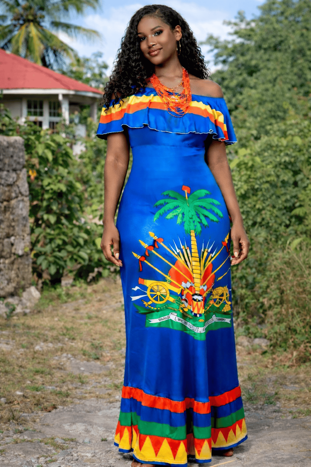 Women Off Shoulder Polynesian Haitian Flag Print Maxi Dress Summer Party Casual Two Pieces Sundress Dresses