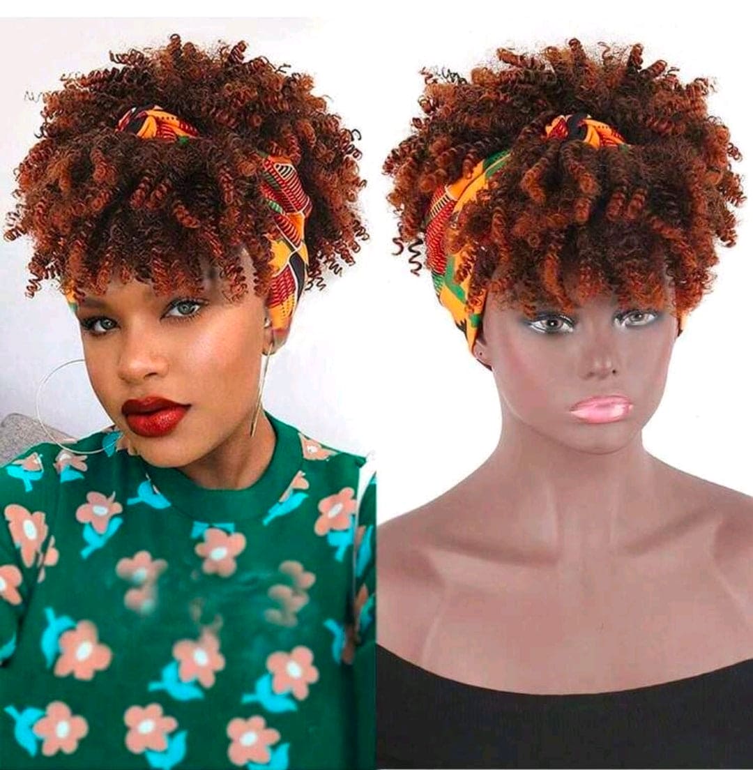 Curly Wigs For  Women, Headband Wigs With Bangs, Synthetic Short Afro Kinky Curly Wig With Headband Attached, Drawstring High Afro Puff Black and  Brown Curly Wig Turban