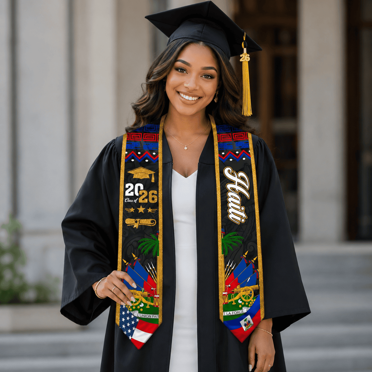 🎓🇭🇹 Celebrate your success with style and culture! This beautiful Haitian Graduation Stole is designed to honor your hard work and heritage. Featuring vibrant Haitian-inspired artwork, gold glitter trim, “Class of 2026” details, and premium-quality fab